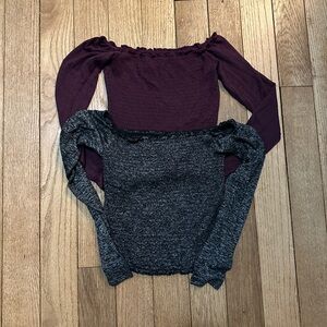 NWOT Hollister Off-the-Shoulder Smocked Sweater Duo in Plum and black marl